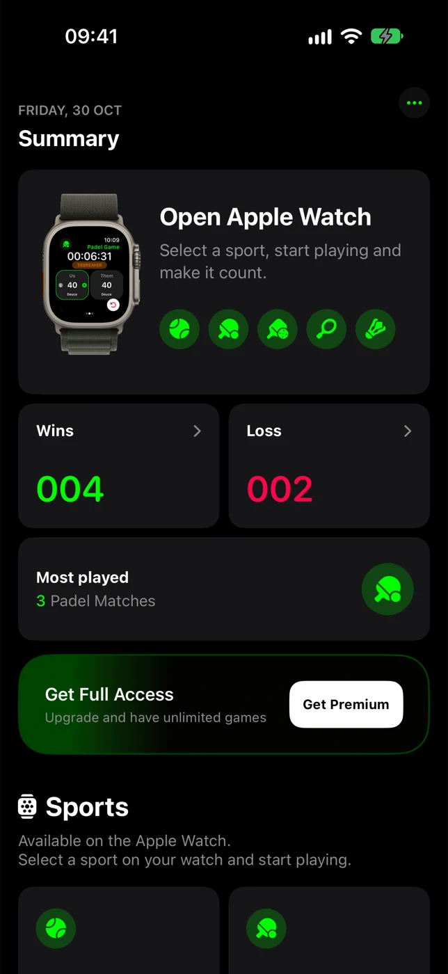 The iPhone home screen with wins, losses and most played sport