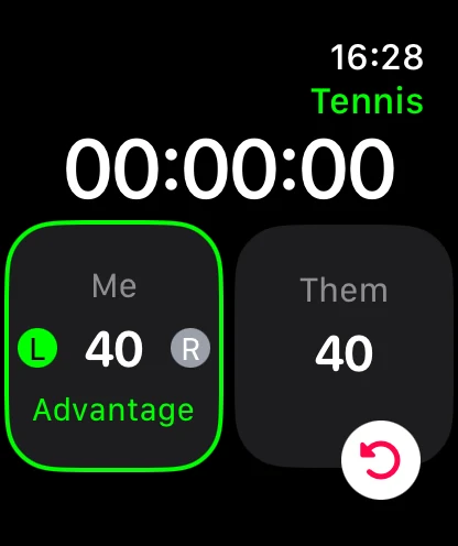 A tennis score at advantage on Apple Watch