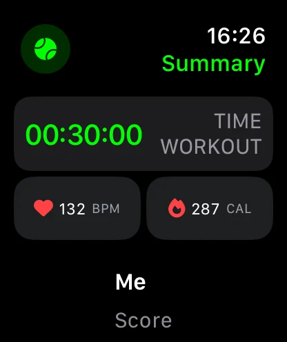 The match summary on Apple Watch, with time, heart rate and calories